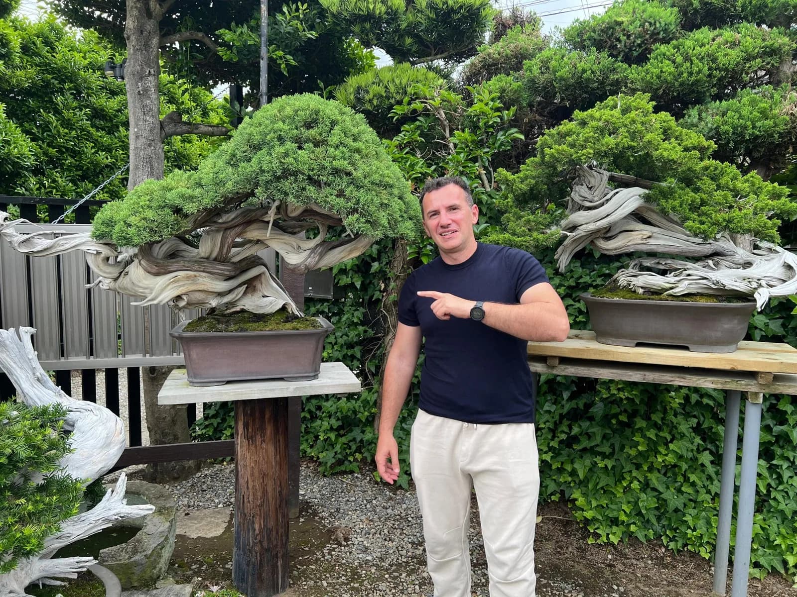Roberto Liccardo beside a collected juniper bonsai with weathered deadwood, at a nursery in Japan.